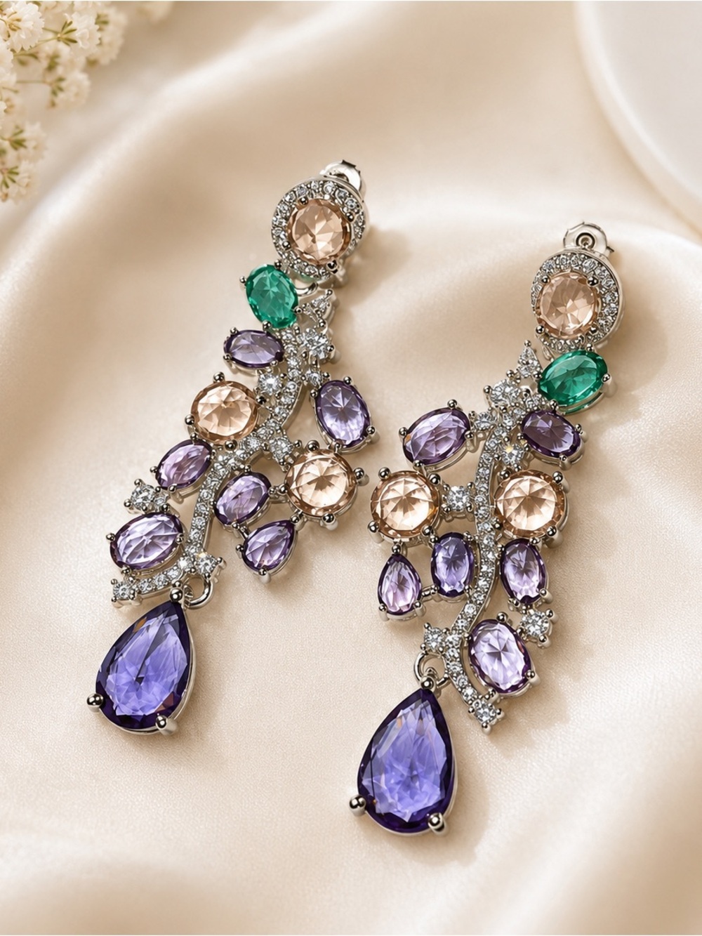 Crystal Chandelier Earrings – Purple & Emerald Rhinestone Statement Earrings